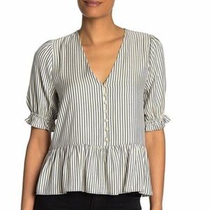 Madewell Blue and White Peplum Striped Blouse